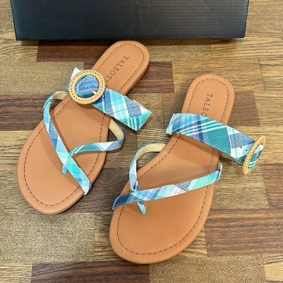 Talbots Womens Gia Buckle Sandal 8 Plaid Multi Criss Cross Summer Coastal Flat - Picture 1 of 7
